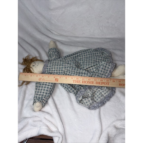 Vintage Cloth Rag Doll unruly hair Gingham dress painted face has some stains - Picture 7 of 8